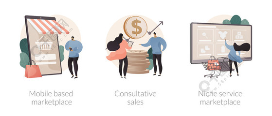 電子商務(wù)應(yīng)用程序抽象概念矢量插圖集?；谝苿拥氖袌觥⒆稍冧N售、利基服務(wù)在線零售、使用智能手機抽象隱喻買賣產(chǎn)品。電子商務(wù)應(yīng)用程序抽象概念矢量插圖。