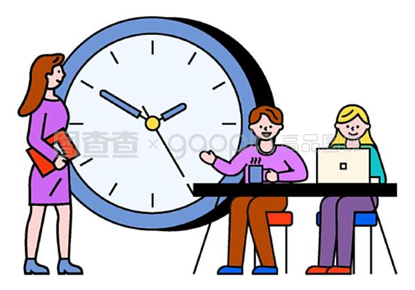 商務(wù)咨詢?nèi)藛T和與筆記本電腦的交流。工作時(shí)間、工作時(shí)間的男女。使用筆記本電腦的工人字符接近時(shí)鐘符號(hào),專業(yè)團(tuán)隊(duì)合作向量。與筆記本電腦合作的商務(wù)咨詢